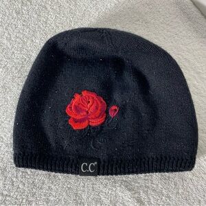 CC Exclusives Black and Red Embroidered Knit Hat Toque